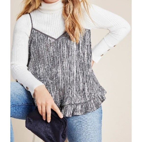 Anthropologie Sequin Cami Top Womens Size 4 Amelie Blouse Pleated Peplum Silver - Picture 11 of 11